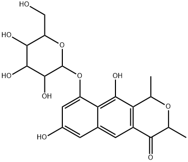 [(1R)-3,4-ジヒドロ-7,10-ジヒドロキシ-1β,3α-ジメチル-4-オキソ-1H-ナフト[2,3-c]ピラン-9-イル]β-D-グルコピラノシド 化学構造式