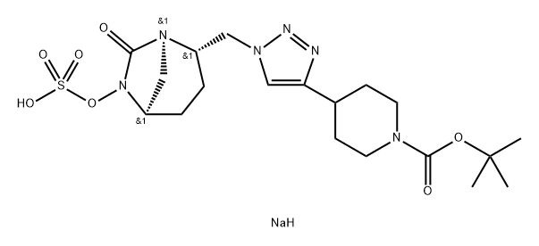 1-Piperidinecarboxylic acid, 4-[1-[[(1R,2S,5R)- 7-oxo-6-(sulfooxy)-1,6-diazabicyclo[3.2.1]oct2-yl]methyl]-1H-1,2,3-triazol-4-yl]-, 1-(1,1- dimethylethyl) ester, sodium salt (1:1) Structure