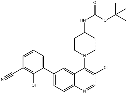 tert-butyl (1-(3-chloro-6-(3-cyano-2-hydroxyphenyl)quinolin-4-yl)piperidin-4-yl)carbamate 化学構造式