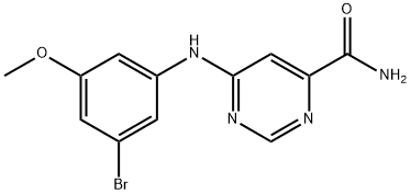 6-((3-bromo-5-methoxyphenyl)amino)pyrimidine-4-carboxamide6-((3-bromo-5-methoxyphenyl)amino-)pyrimidine-4-carboxylic acid amide 化学構造式