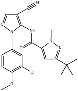 3-(tert-butyl)-N-(1-(3-chloro-4-methoxyphenyl)-4-cyano-1H-pyrazol-5-yl)-1-methyl-1H-pyrazole-5-carboxamide3-(tert-butyl)-N-(1-(3-chloro-4-methoxyphenyl)-4-cyano-1H-pyrazole-5-yl)-1-methyl-1H-pyrazole-5-carboxylic acid amide 结构式