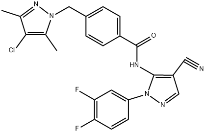 4-((4-chloro-3,5-dimethyl-1H-pyrazol-1-yl)methyl)-N-(4-cyano-1-(3,4-difluorophenyl)-1H-pyrazol-5-yl)benzamide4-((4-chloro-3,5-dimethyl-1H-pyrazole-1-yl)methyl)-N-(4-cyano-1-(3,4-difluorophenyl)-1H-pyrazole-5-yl)benzamide|4-((4-氯-3,5-二甲基-1H-吡唑-1-基)甲基)-N-(4-氰基-1-(3,4-二氟苯基)-1H-吡唑-5-基)苯甲酰胺4-((4-氯-3,5-二甲基-1H-吡唑-1-基)甲基)-N-(4-氰基-1-(3,4-二氟苯基)-1H-吡唑-5-基)苯甲酰胺