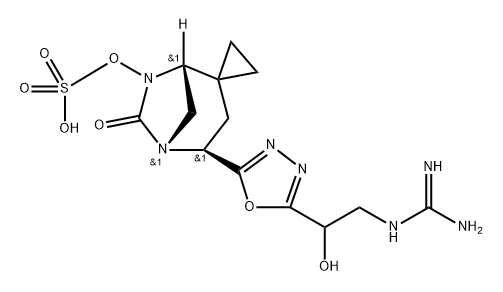 (1R,4S,5R)-4-(5-(2-guanidino-1-hydroxyethyl)-1,3,4-oxadiazol-2-yl)-6-oxo-5,7-diazaspiro[bicyclo[3.2.1]octane-2,1'-cyclopropan]-7-yl hydrogen sulfate 化学構造式