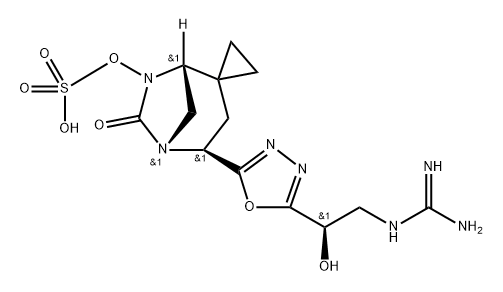 (1R,4S,5R)-4-(5-((R)-2-guanidino-1-hydroxyethyl)-1,3,4-oxadiazol-2-yl)-6-oxo-5,7-diazaspiro[bicyclo[3.2.1]octane-2,1'-cyclopropan]-7-yl hydrogen sulfate Structure