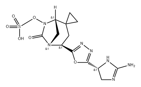 (1R,4S,5R)-4-(5-((R)-2-amino-4,5-dihydro-1H-imidazol-5-yl)-1,3,4-oxadiazol-2-yl)-6-oxo-5,7-diazaspiro[bicyclo[3.2.1]octane-2,1'-cyclopropan]-7-yl hydrogen sulfate 化学構造式