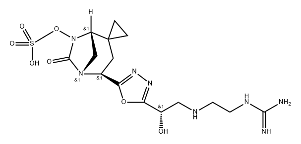(1R,4S,5R)-4-(5-((S)-2-((2-guanidinoethyl)amino)-1-hydroxyethyl)-1,3,4-oxadiazol-2-yl)-6-oxo-5,7-diazaspiro[bicyclo[3.2.1]octane-2,1'-cyclopropan]-7-yl hydrogen sulfate Structure
