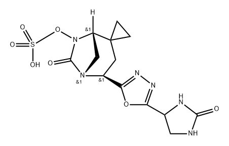 (1R,4S,5R)-6-oxo-4-(5-(2-oxoimidazolidin-4-yl)-1,3,4-oxadiazol-2-yl)-5,7-diazaspiro[bicyclo[3.2.1]octane-2,1'-cyclopropan]-7-yl hydrogen sulfate Structure