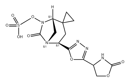 (1R,4S,5R)-6-oxo-4-(5-(2-oxooxazolidin-4-yl)-1,3,4-oxadiazol-2-yl)-5,7-diazaspiro[bicyclo[3.2.1]octane-2,1'-cyclopropan]-7-yl hydrogen sulfate Struktur