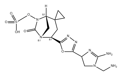 [(2S,5R)-2-[5-[2-amino-1-(aminomethyl)-4,5-dihydroimidazol-4-yl]-1,3,4-oxadiazol-2-yl]-7-oxospiro[1,6-diazabicyclo[3.2.1]octane-4,1'-cyclopropane]-6-yl] hydrogen sulfate Structure