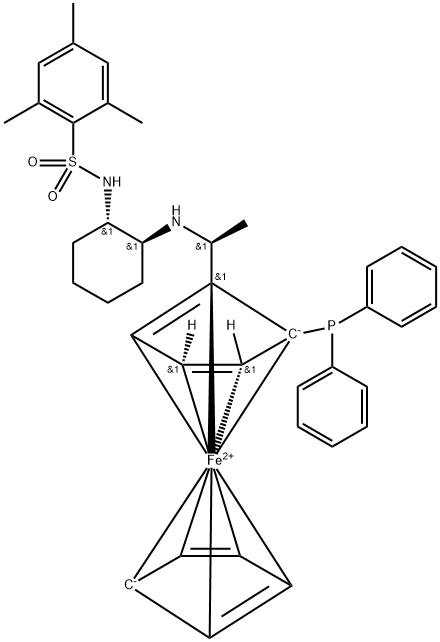 Ferrocene, 1-(diphenylphosphino)-2-[(1S)-1-[[(1S,2S)-2-[[(2,4,6-trimethylphenyl)sulfonyl]amino]cyclohexyl]amino]ethyl]-, (1S)- Structure
