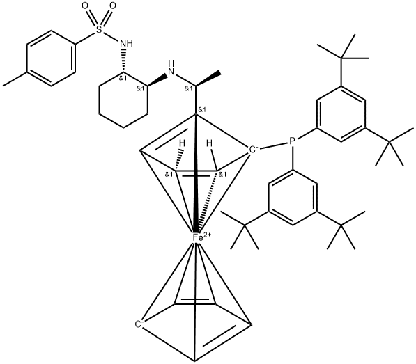 Ferrocene, 1-[bis[3,5-bis(1,1-dimethylethyl)phenyl]phosphino]-2-[(1S)-1-[[(1S,2S)-2-[[(4-methylphenyl)sulfonyl]amino]cyclohexyl]amino]ethyl]-, (1S)- Structure
