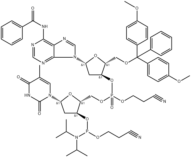 5'-O-DMT-N6-Benzoyl-2'-deoxyadenosine-P-N2-Isobutyryl-2'-deoxyguanosine 3'-CE phosphoramidite 化学構造式