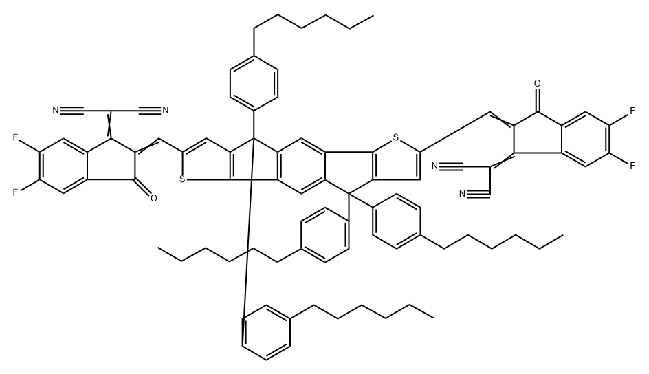 Propanedinitrile, 2,2'-[[4,4,9,9-tetrakis(4-hexylphenyl)-4,9-dihydro-s-indaceno[1,2-b:5,6-b']dithiophene-2,7-diyl]bis[methylidyne(5,6-difluoro-3-oxo-1H-indene-2,1(3H)-diylidene)]]bis- 结构式