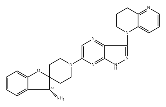 Spiro[benzofuran-2(3H),4'-piperidin]-3-amine, 1'-[3-(3,4-dihydro-1,5-naphthyridin-1(2H)-yl)-1H-pyrazolo[3,4-b]pyrazin-6-yl]-, (3R)- Structure