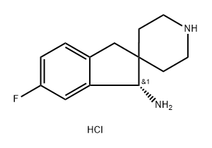 Spiro[2H-indene-2,4'-piperidin]-1-amine, 6-fluoro-1,3-dihydro-, hydrochloride (1:2), (1S)- 化学構造式