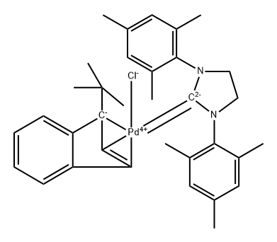 [1,3-Bis(2,4,6-trimethylphenyl)-2-imidazolidinylidene]chloro[(1,2,3-η)-1-(1,1-dimethylethyl)-1H-inden-1-yl]palladium Structure