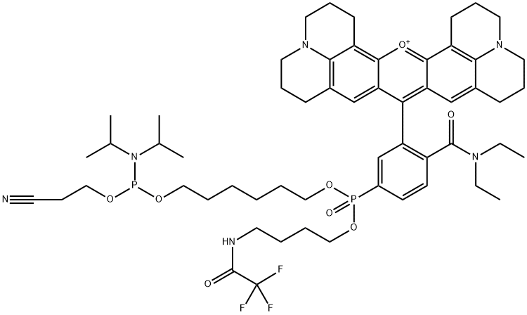 1H,5H,11H,15H-Xantheno[2,3,4-ij:5,6,7-i'j']diquinolizin-18-ium, 9-[5-[10-[bis(1-methylethyl)amino]-13-cyano-1-oxido-1-[4-[(2,2,2-trifluoroacetyl)amino]butoxy]-2,9,11-trioxa-1,10-diphosphatridec-1-yl]-2-[(diethylamino)carbonyl]phenyl]-2,3,6,7,12,13,16,17-octahydro- Structure