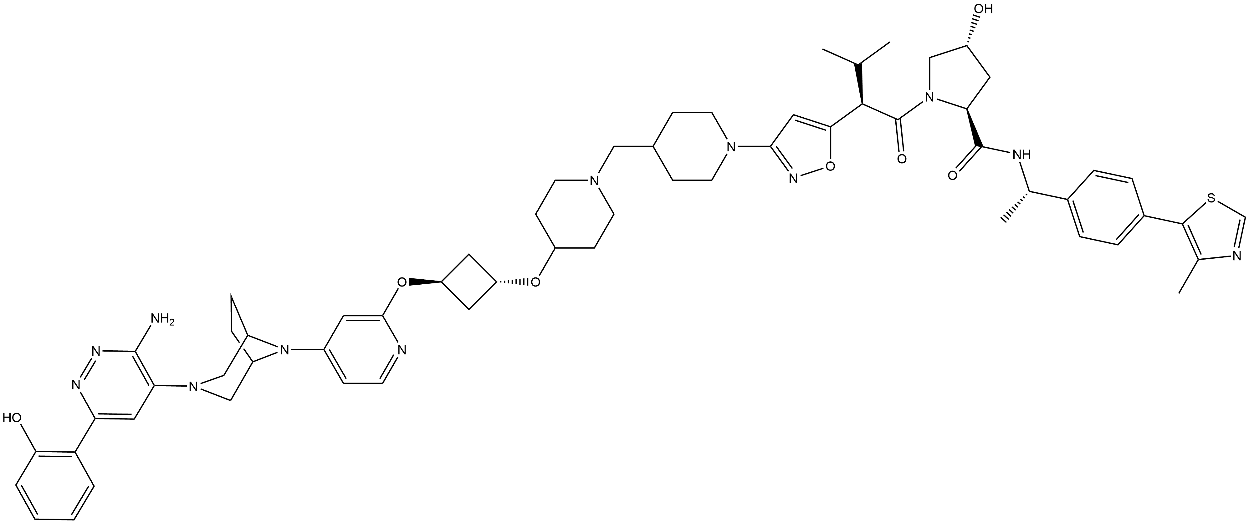 2-Pyrrolidinecarboxamide, 1-[(2R)-2-[3-[4-[[4-[[trans-3-[[4-[3-[3-amino-6-(2-hydroxyphenyl)-4-pyridazinyl]-3,8-diazabicyclo[3.2.1]oct-8-yl]-2-pyridinyl]oxy]cyclobutyl]oxy]-1-piperidinyl]methyl]-1-piperidinyl]-5-isoxazolyl]-3-methyl-1-oxobutyl]-4-hydroxy-N-[(1S)-1-[4-(4-methyl-5-thiazolyl)phenyl]ethyl]-, (2S,4R)- 化学構造式