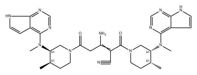 1-Piperidinepropanenitrile, α-[1-amino-3-[(3R,4R)-4-methyl-3-(methyl-7H-pyrrolo[2,3-d]pyrimidin-4-ylamino)-1-piperidinyl]-3-oxopropylidene]-4-methyl-3-(methyl-7H-pyrrolo[2,3-d]pyrimidin-4-ylamino)-β-oxo-, (3R,4R)- Struktur