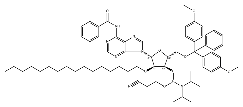 N6-Bz-5’-O-DMTr-2’-O-hexadecanyl adenosine 3’-CED phosphoramidite Struktur