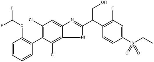 2-[4,6-Dichloro-5-(2-difluoromethoxy-phenyl)-1H-benzoimidazol-2-yl]-2-(4-ethanesulfonyl-2-fluoro-phenyl)-ethanol 化学構造式