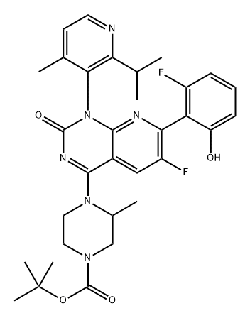 1-Piperazinecarboxylic acid, 4-[(1R)-6-fluoro-7-(2-fluoro-6-hydroxyphenyl)-1,2-dihydro-1-[4-methyl-2-(1-methylethyl)-3-pyridinyl]-2-oxopyrido[2,3-d]pyrimidin-4-yl]-3-methyl-, 1,1-dimethylethyl ester, (3S)- Structure