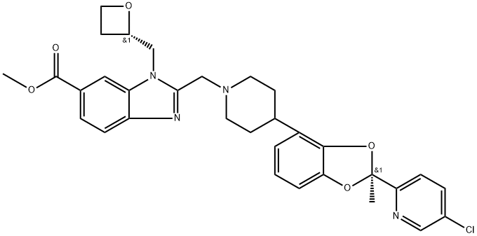 2401895-04-1 1H-?Benzimidazole-?6-?carboxylic acid, 2-?[[4-?[(2S)?-?2-?(5-?chloro-?2-?pyridinyl)?-?2-?methyl-?1,?3-?benzodioxol-?4-?yl]?-?1-?piperidinyl]?methyl]?-?1-?[(2S)?-?2-?oxetanylmethyl]?-?, methyl ester