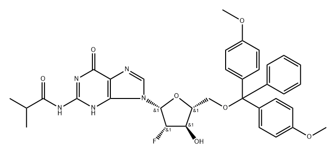 N2-iso-Butyroyl-5'-O-(4,4'-dimethoxytrityl)-2'-deoxy-fluoro-2'-arabinoguanosine,2409054-22-2,结构式