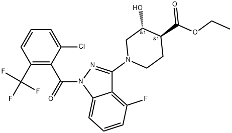 ethyl (3S,4R)-1-(1-(2-chloro-6-(trifluoromethyl)benzoyl)-4-fluoro-1H-indazol-3-yl)-3-hydroxypiperidine-4-carboxylate Structure
