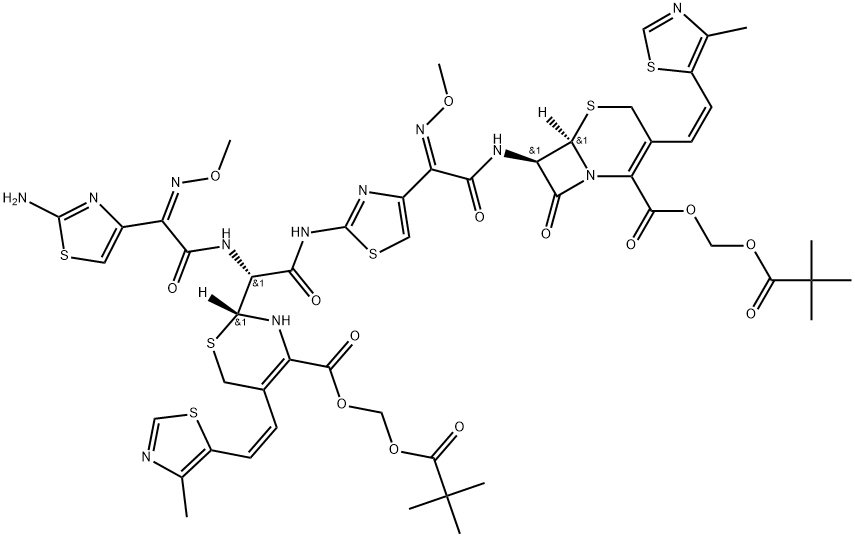 5-Thia-1-azabicyclo[4.2.0]oct-2-ene-2-carboxylic acid, 7-[[(2Z)-2-[2-[[(2R)-2-[[(2Z)-2-(2-amino-4-thiazolyl)-2-(methoxyimino)acetyl]amino]-2-[(2R)-4-[[(2,2-dimethyl-1-oxopropoxy)methoxy]carbonyl]-3,6-dihydro-5-[(1Z)-2-(4-methyl-5-thiazolyl)ethenyl]-2H-1,3-thiazin-2-yl]acetyl]amino]-4-thiazolyl]-2-(methoxyimino)acetyl]amino]-3-[(1Z)-2-(4-methyl-5-thiazolyl)ethenyl]-8-oxo-, (2,2-dimethyl-1-oxopropoxy)methyl ester, (6R,7R)- Struktur