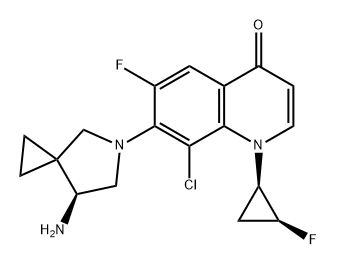 7-((S)-7-amino-5-azaspiro[2.4]heptan-5-yl)-8-chloro-6-fluoro-1-((1R,2S)-2-fluorocyclopropyl)quinolin-4(1H)-one 化学構造式