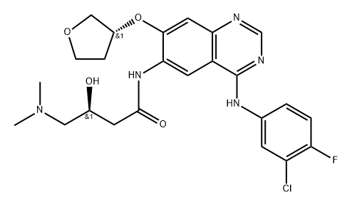 (S)-N-(4-((3-Chloro-4-fluorophenyl)amino)-7-(((R)-tetrahydrofuran-3-yl)oxy)quinazolin-6-yl)-4-(dimethylamino)-3-hydroxybutanamide 化学構造式