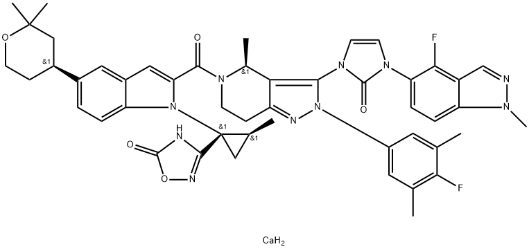1,2,4-Oxadiazol-5(2H)-one, 3-[(1S,2S)-1-[2-[[(4S)-2-(4-fluoro-3,5-dimethylphenyl)-3-[3-(4-fluoro-1-methyl-1H-indazol-5-yl)-2,3-dihydro-2-oxo-1H-imidazol-1-yl]-2,4,6,7-tetrahydro-4-methyl-5H-pyrazolo[4,3-c]pyridin-5-yl]carbonyl]-5-[(4S)-tetrahydro-2,2-dimethyl-2H-pyran-4-yl]-1H-indol-1-yl]-2-methylcyclopropyl]-, calcium salt (2:1),2415797-61-2,结构式