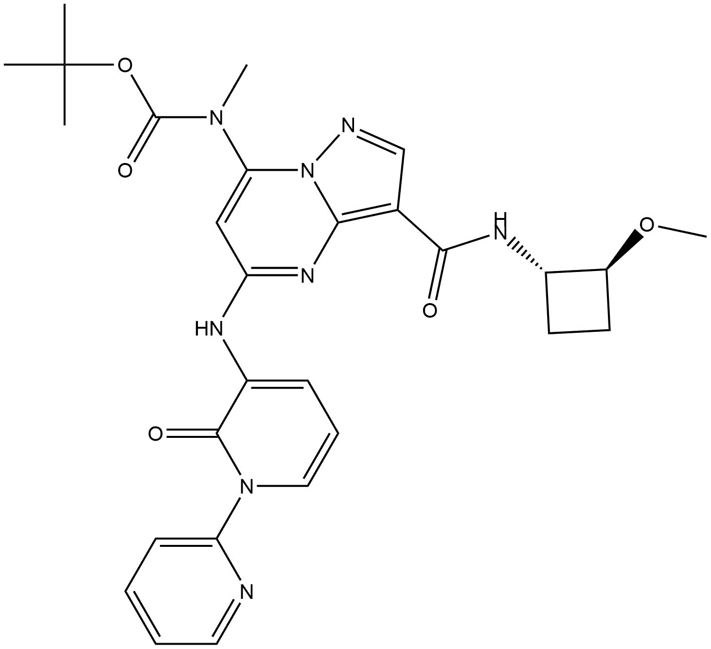 2416069-76-4 1,1-Dimethylethyl N-[3-[[[(1S,2S)-2-methoxycyclobutyl]amino]carbonyl]-5-[(2-oxo[1(6H),2′-bipyridin]-3-yl)amino]pyrazolo[1,5-a]pyrimidin-7-yl]-N-methylcarbamate