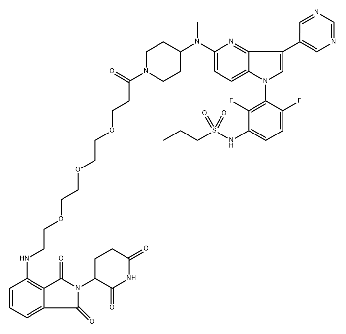 1-Propanesulfonamide, N-[3-[5-[[1-[3-[2-[2-[2-[[2-(2,6-dioxo-3-piperidinyl)-2,3-dihydro-1,3-dioxo-1H-isoindol-4-yl]amino]ethoxy]ethoxy]ethoxy]-1-oxopropyl]-4-piperidinyl]methylamino]-3-(5-pyrimidinyl)-1H-pyrrolo[3,2-b]pyridin-1-yl]-2,4-difluorophenyl]- 化学構造式