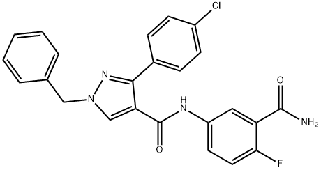 N-[3-(Aminocarbonyl)-4-fluorophenyl]-3-(4-chlorophenyl)-1-(phenylmethyl)-1H-pyrazole-4-carboxamide 化学構造式