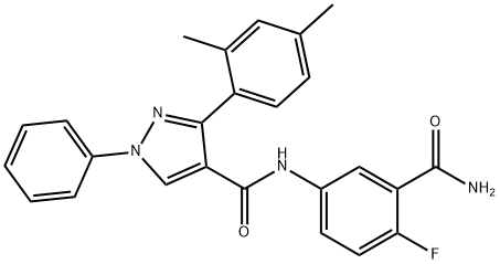 N-[3-(Aminocarbonyl)-4-fluorophenyl]-3-(2,4-dimethylphenyl)-1-phenyl-1H-pyrazole-4-carboxamide 化学構造式