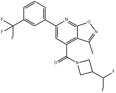 (3-(DIFLUOROMETHYL)AZETIDIN-1-YL)(3-METHYL-6-(3-(TRIFLUOROMETHYL)PHENYL)ISOXAZOLO[5,4-B]PYRIDIN-4-YL)METHANONE(3-(DIFLUOROMETHYL)AZETIDIN-1-YL)(3-METHYL-6-(3-(TRIFLUOROMETHYL)PHENYL)ISOOXAZOLE并[5,4-B]PYRIDIN-4-YL)METHANONE,2419450-06-7,结构式