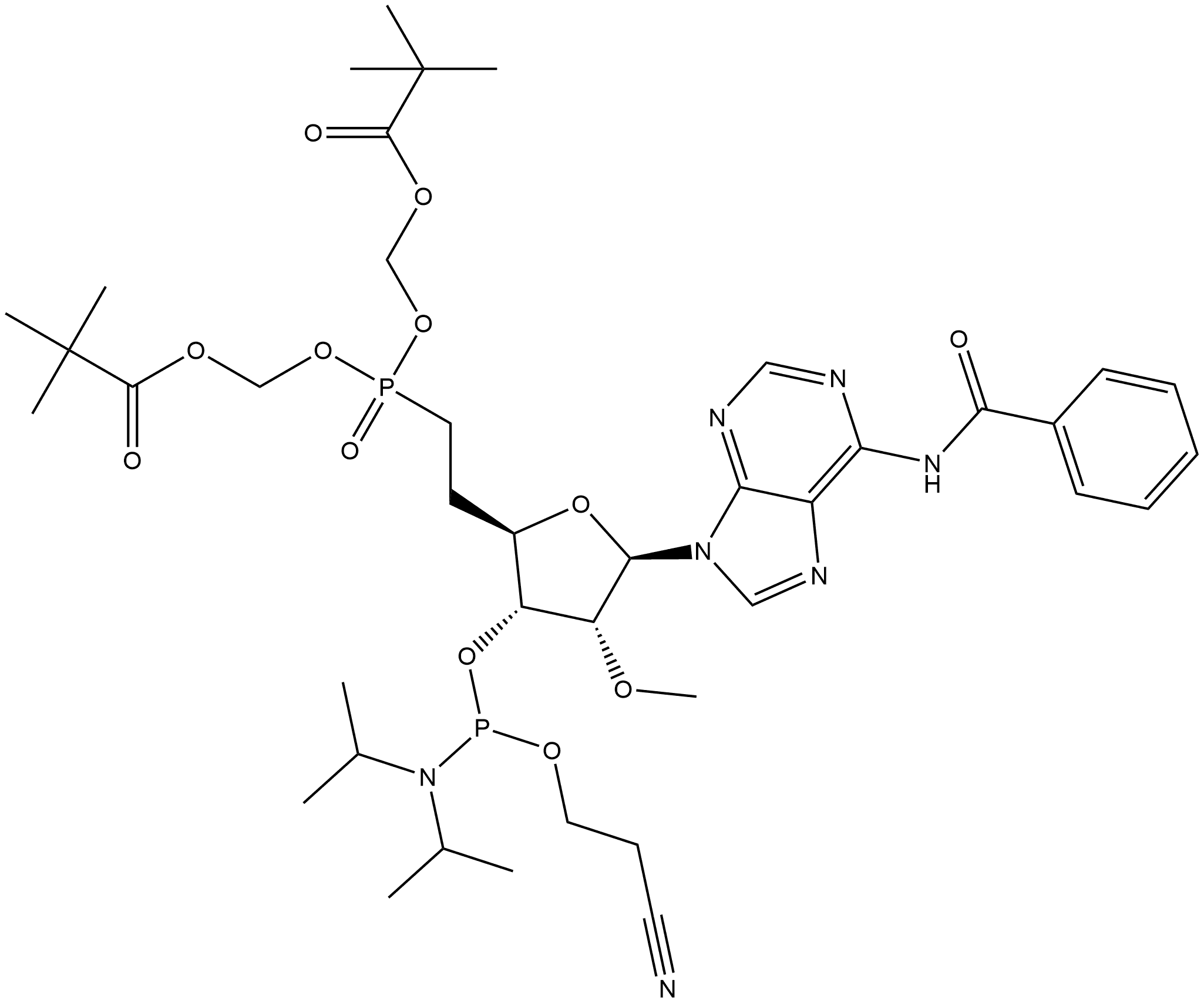 Benzamide, N-[9-[6-[bis[(2,2-dimethyl-1-oxopropoxy)methoxy]phosphinyl]-3-O-[[bis(1-methylethyl)amino](2-cyanoethoxy)phosphino]-5,6-dideoxy-2-O-methyl-β-D-ribo-hexofuranosyl]-9H-purin-6-yl]- 结构式