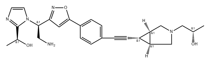 3-Azabicyclo[3.1.0]hexane-3-ethanol, 6-[2-[4-[3-[(1R)-2-amino-1-[2-[(1S)-1-hydroxyethyl]-1H-imidazol-1-yl]ethyl]-5-isoxazolyl]phenyl]ethynyl]-α-methyl-, (αS,1α,1α,5α,5α,6-exo,6α,6β)- 结构式