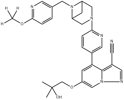 Pyrazolo[1,5-a]pyridine-3-carbonitrile, 6-(2-hydroxy-2-methylpropoxy)-4-[6-[6-[[6-(methoxy-d3)-3-pyridinyl]methyl]-3,6-diazabicyclo[3.1.1]hept-3-yl]-3-pyridinyl]-,2433775-55-2,结构式