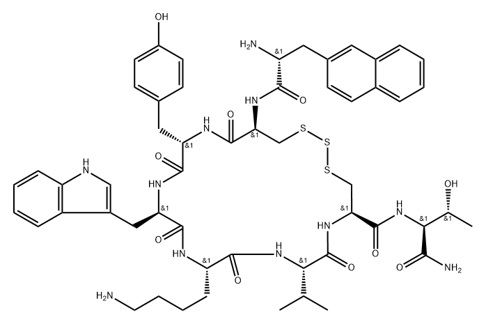 L-Threoninamide, 3-(2-naphthalenyl)-D-alanyl-3-(thiosulfeno)-L-alanyl-L-tyrosyl-D-tryptophyl-L-lysyl-L-valyl-L-cysteinyl-, cyclic (2→7)-trisulfide (9CI),243470-19-1,结构式