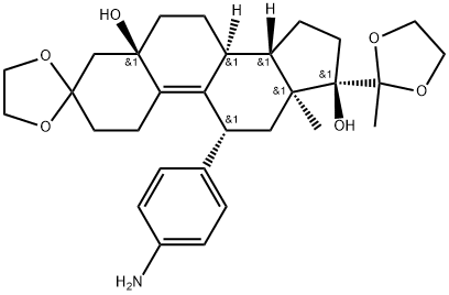 19-Norpregn-9-ene-3,20-dione, 11-(4-aminophenyl)-5,17-dihydroxy-, cyclic bis(1,2-ethanediyl acetal), (5α,11β)- (9CI) 化学構造式