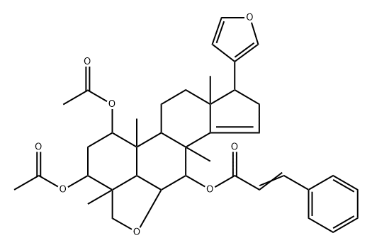 17α-(3-フリル)-4,5,5',6-テトラヒドロ-4β,8-ジメチルアンドロスタ-5-エノ[6,5,4-bc]フラン-14-エン-1α,3α,7α-トリオール1,3-ジアセタート7-(3-フェニルプロペノアート) 化学構造式
