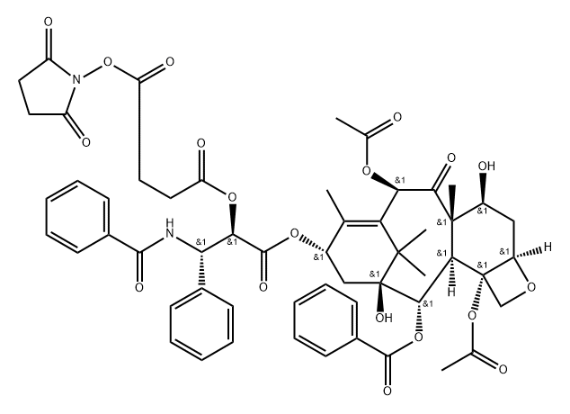 Butanedioic acid, 1-[(1R)-2-[[(2aR,4S,4aS,6R,9S,11S,12S,12aR,12bS)-6,12b-bis(acetyloxy)-12-(benzoyloxy)-2a,3,4,4a,5,6,9,10,11,12,12a,12b-dodecahydro-4,11-dihydroxy-4a,8,13,13-tetramethyl-5-oxo-7,11-methano-1H-cyclodeca[3,4]benz[1,2-b]oxet-9-yl]oxy]-1-[(S)-(benzoylamino)phenylmethyl]-2-oxoethyl] 4-(2,5-dioxo-1-pyrrolidinyl) ester 化学構造式