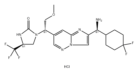 2-Imidazolidinone, 1-[(1S)-1-[2-[(S)-amino(4,4-difluorocyclohexyl)methyl]imidazo[1,2-b]pyridazin-7-yl]-2-methoxyethyl]-4-(trifluoromethyl)-, hydrochloride (1:1), (4S)- Struktur