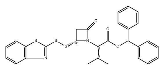 1-Azetidineacetic acid, 2-(2-benzothiazolyldithio)-α-(1-methylethylidene)-4-oxo-, diphenylmethyl ester, (2R)- Structure