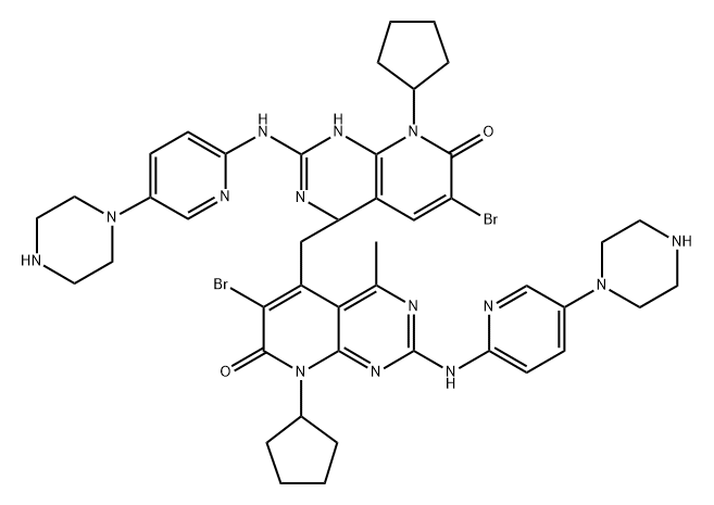 6-Bromo-5-((6-bromo-8-cyclopentyl-7-oxo-2-((5-(piperazin-1-yl)pyridin-2-yl)amino)-1,4,7,8-tetrahydropyrido[2,3-d]pyrimidin-4-yl)methyl)-8-cyclopentyl-4-methyl-2-((5-(piperazin-1-yl)pyridin-2-yl)amino)pyrido[2,3-d]pyrimidin-7(8H)-one 结构式