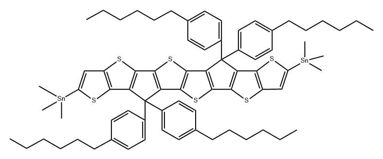 6,6,12,12-四(4-己基苯基)-6,12-二氢-并二噻吩并[3',2':4,5]环戊二烯并[1,2-B]并二噻吩并[2'',3'':3',4']环戊二烯[1',2':4,5]并二噻吩-2,8-双三甲基锡,2460055-07-4,结构式