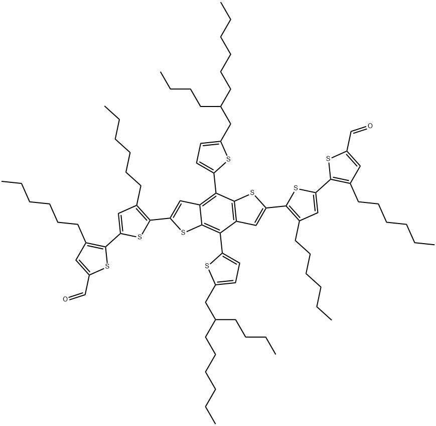 5',5'''-(4,8-bis(5-(2-butyloctyl)thiophen-2-yl)benzo[1,2-b:4,5-b']dithiophene-2,6-diyl)bis(3,4'-dihexyl-[2,2'-bithiophene]-5-carbaldehyde) Structure